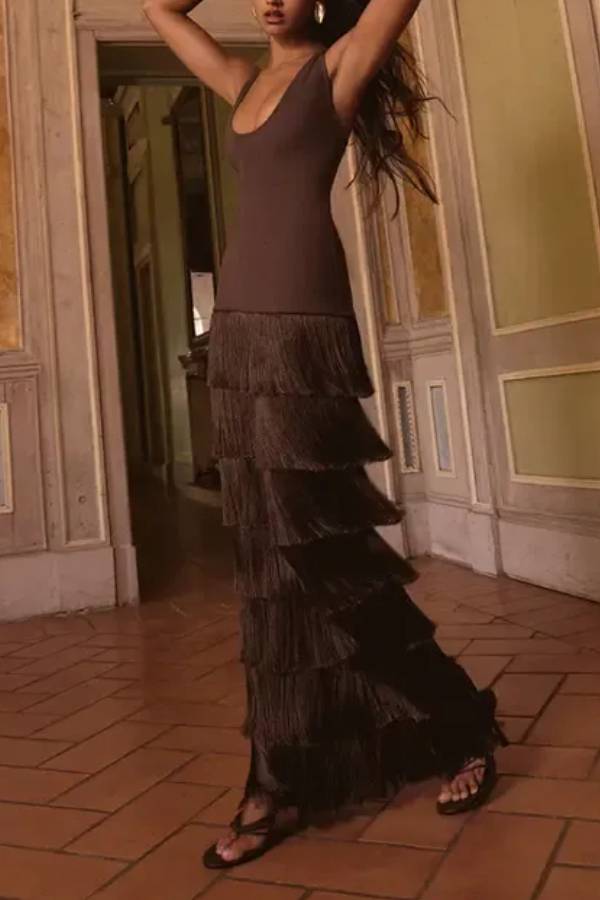 Captivating Dynamism Layered Tassel Hem Tank Slit Maxi Dress