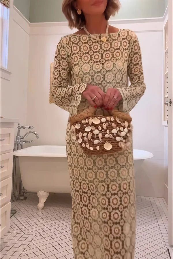 Summer Fashion Floral Crochet Cutout Fabric Long Sleeve Slit Vacation Midi Dress