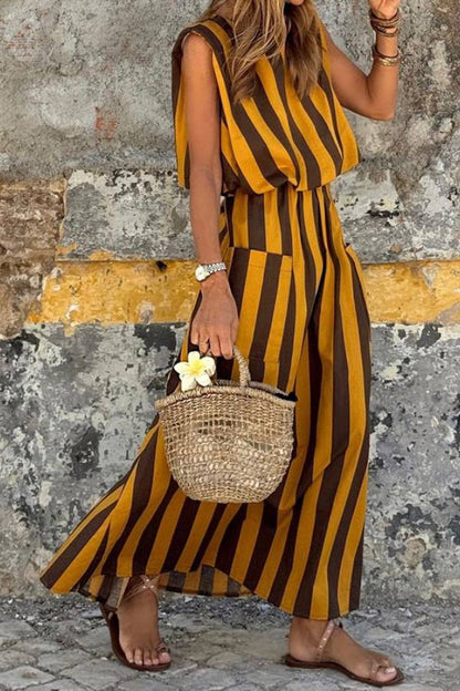 Sleeveless Striped Waist-Cinched Maxi Dress