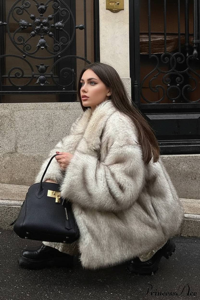 White Tip-Dyed Faux Fox Fur Mid-Length Coat