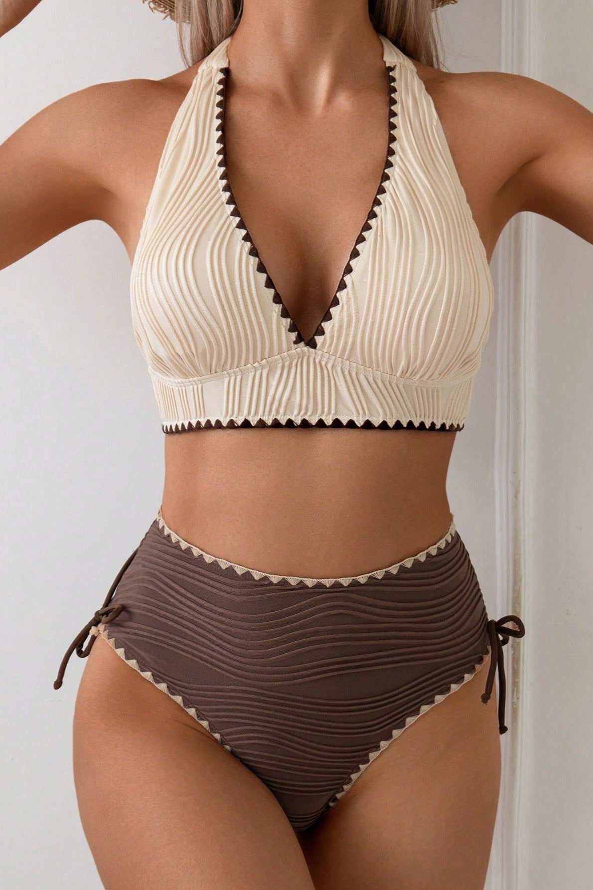Halter Strappy Backless Textured Two Piece Swim Set