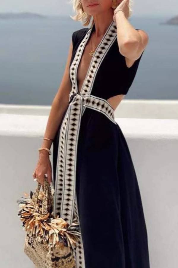 Black Geometric Deep V Sleeveless Cutout Waist Tie-Up Maxi Dress