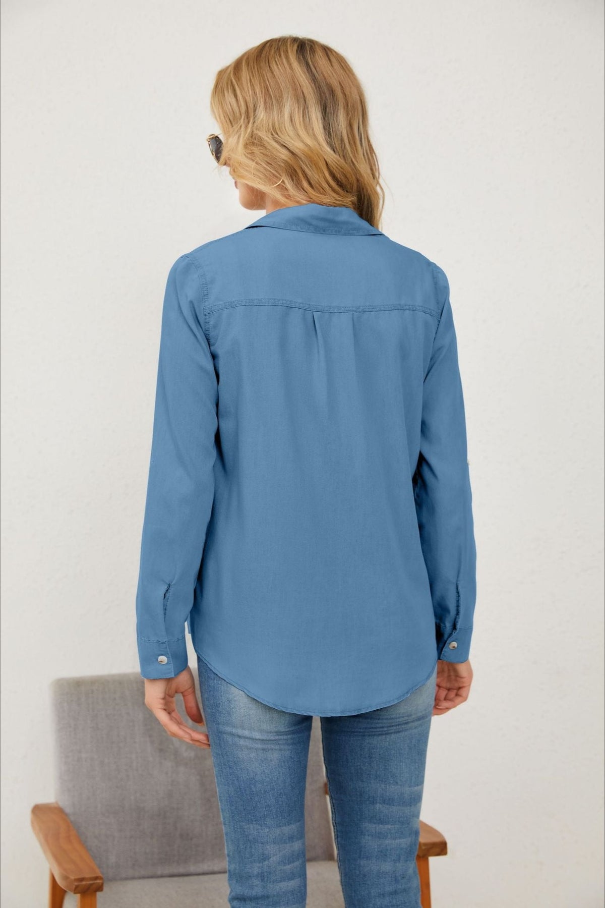 Long Sleeve Denim Lapel Blouse
