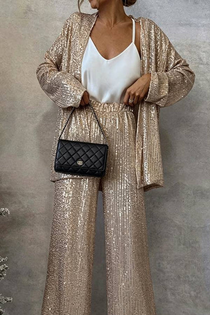 Party Scene Sequin High Rise Elastic Waist Wide Leg Pants