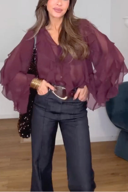 V-Neck Multi-Layer Ruffle Chiffon Lantern Sleeve Blouse