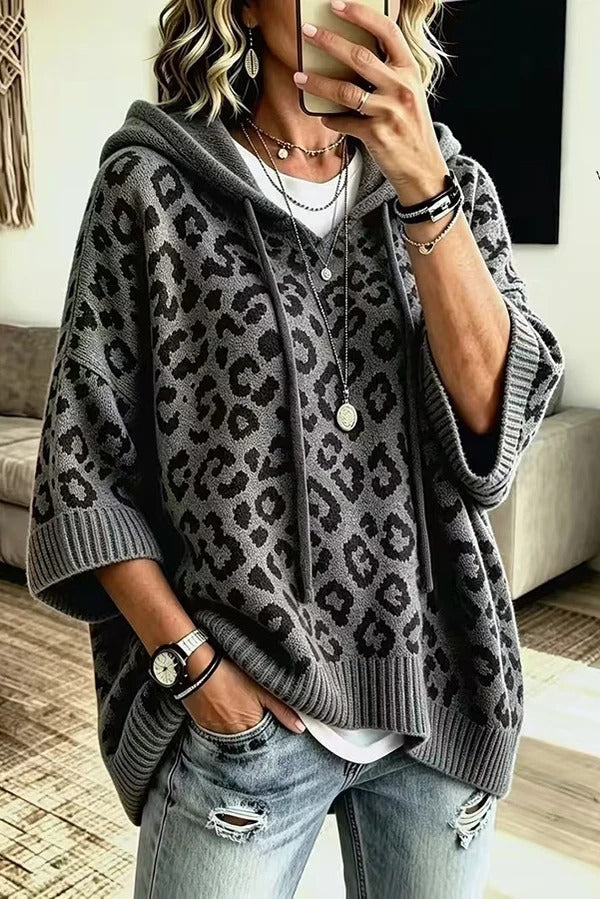 Comfortable and Casual Knit Leopard Print Half Sleeve Hoodie Sweater