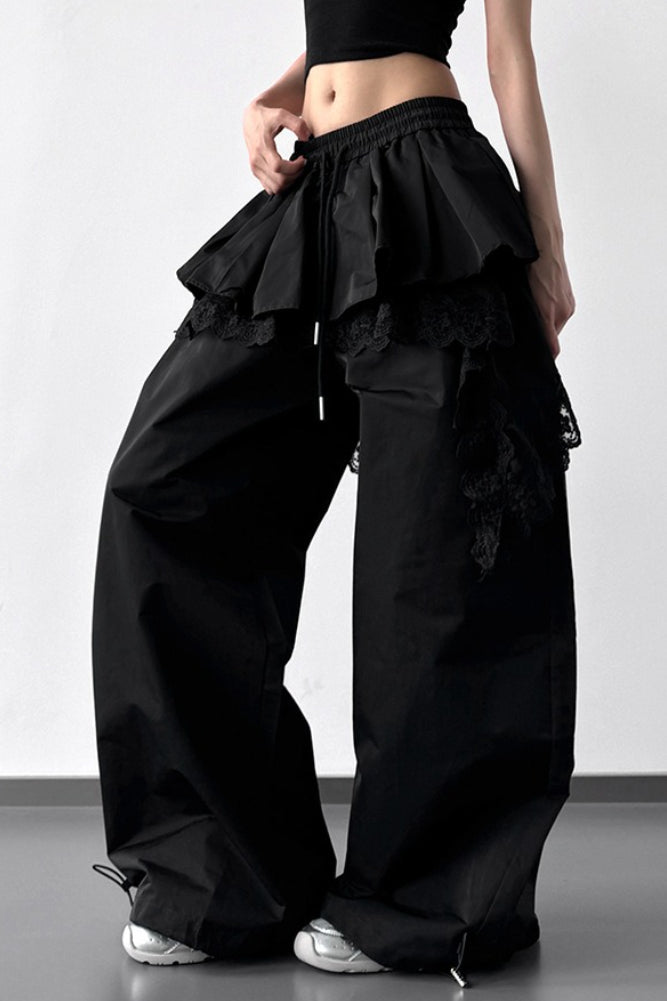 Lace Skirt Hem Trim Wide Leg Casual Pants