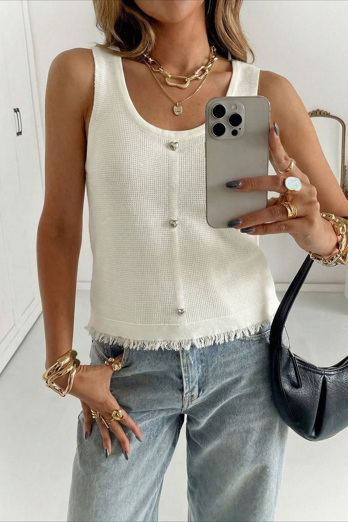 White Waffle Knit Raw Edge Cropped Tank Top