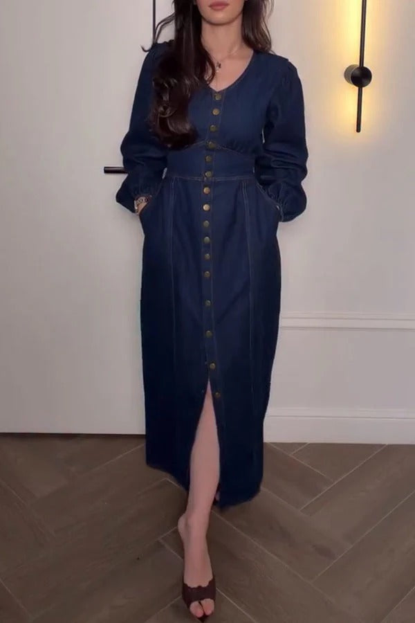 Josephina Denim Button Up Balloon Sleeve Elastic Waist Tie-up Pocket Midi Dress