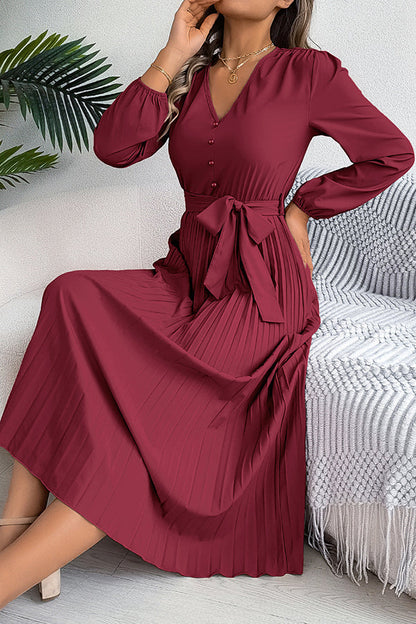 Deep V-Neck Bishop Sleeve Button Front Pleated Belted Midi Dress
