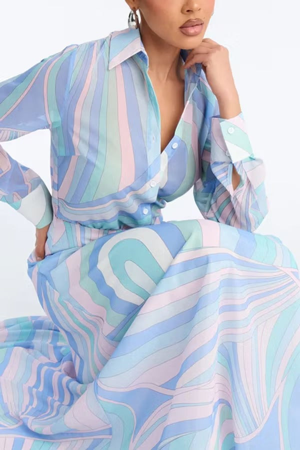 Gianna Chiffon Unique Print Button Long Sleeve Flare Hem Shirt Maxi Dress
