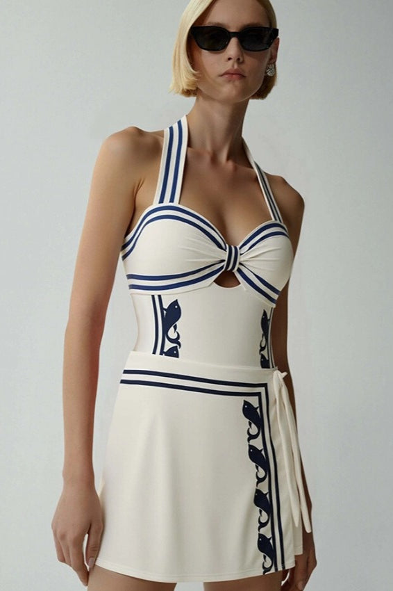 Navy Halter Strappy High Waist One Piece Swimwear
