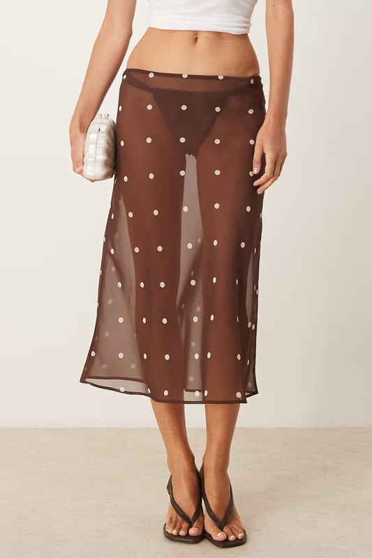 Sheer lka Dot High Waist A Line Midi Skirt