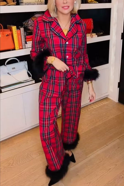 Holiday Time Plaid Contrast Feather Sleeve Pocket Shirt and Elastic Waist Pajama Set