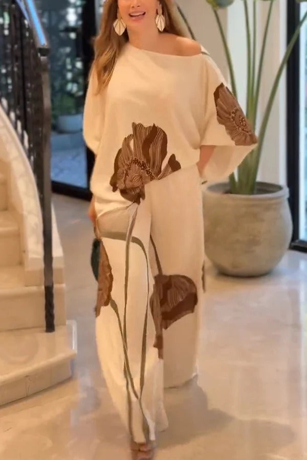 Floral Print Batwing Sleeves Loose-fitting Top and Relaxed Pocket Straight Pants Set