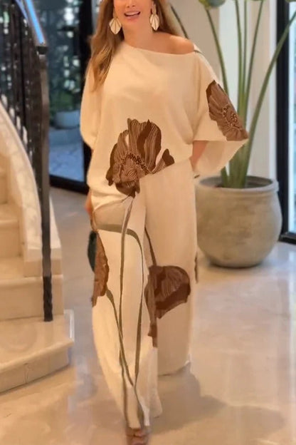 Floral Print Batwing Sleeves Loose-fitting Top and Relaxed Pocket Straight Pants Set