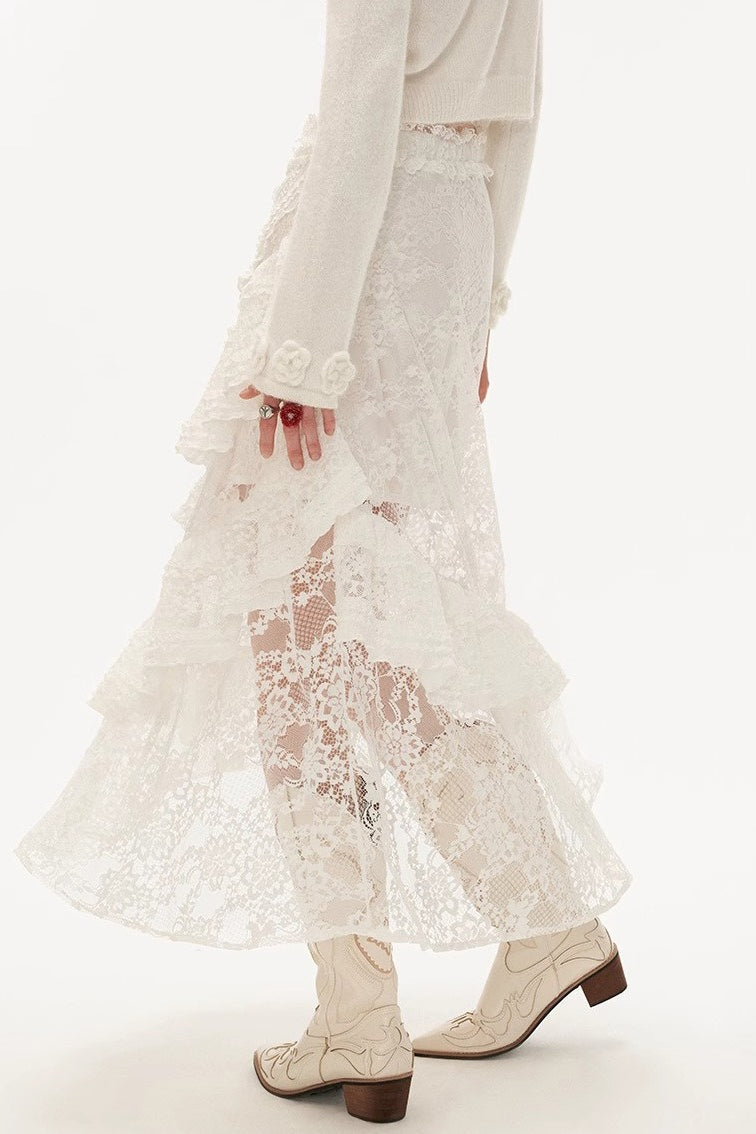 Hot Girl Lace Tiered Mesh Stylish Slim Midi Skirt