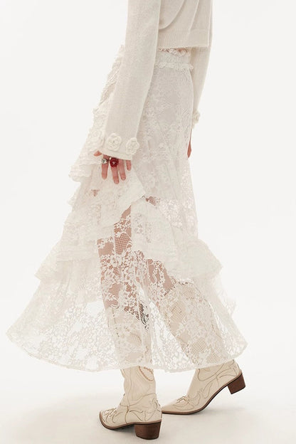 Hot Girl Lace Tiered Mesh Stylish Slim Midi Skirt