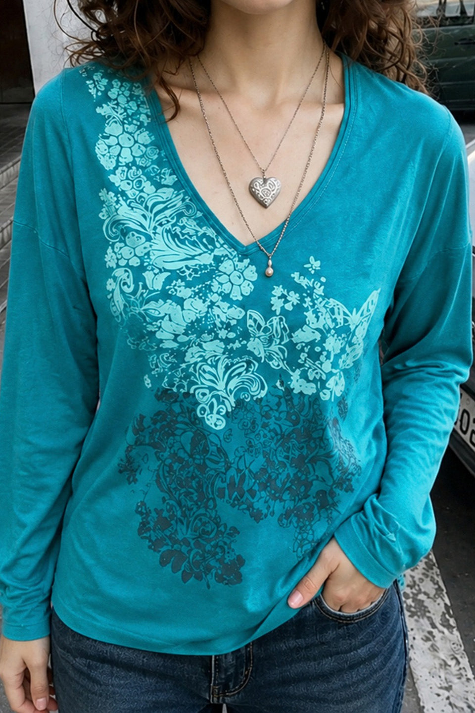 Floral Butterfly V Neck Long Sleeve Tee
