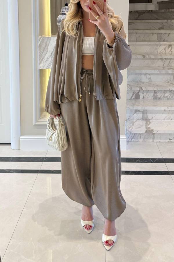 Loose-fitting Zippered Jacket with Lantern Sleeves + High-Waisted Drawstring Wide-Leg Pants Set
