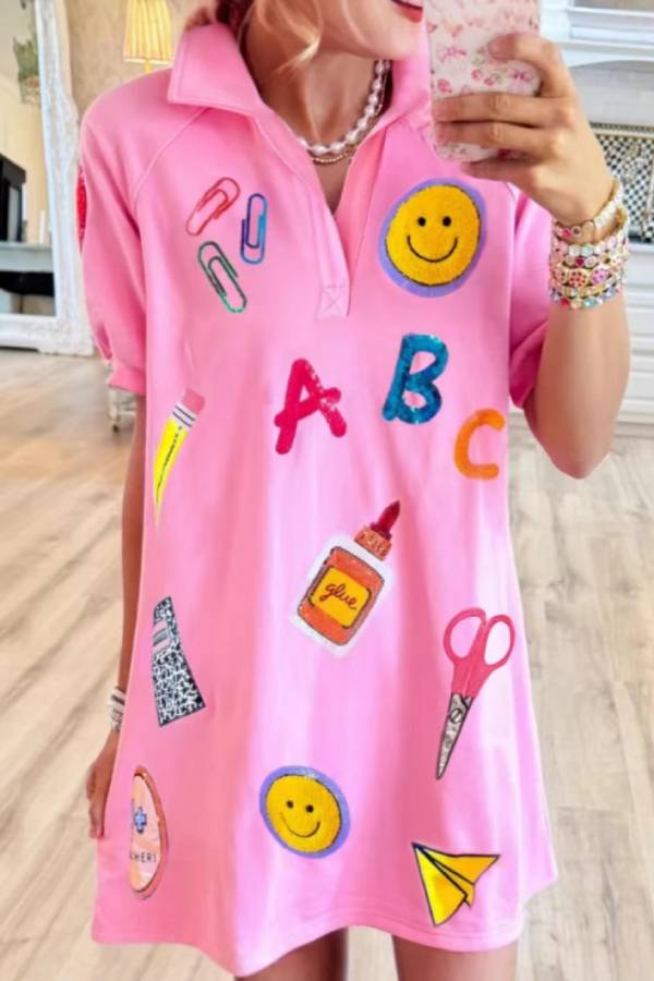 Cute Stationery Patch Pink Polo Short Sleeve Mini Dress