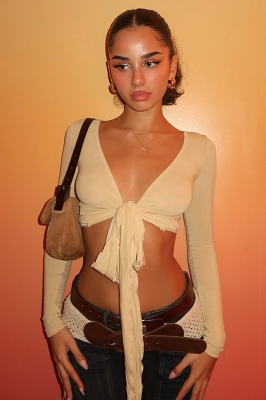 Wrap Tie V Neck Long Sleeve Cropped Crop Top
