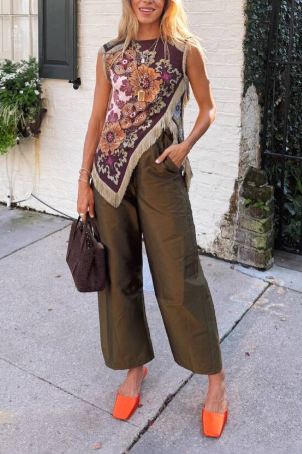 Retro Floral Print Tassel Triangle Hem Sleeveless Top