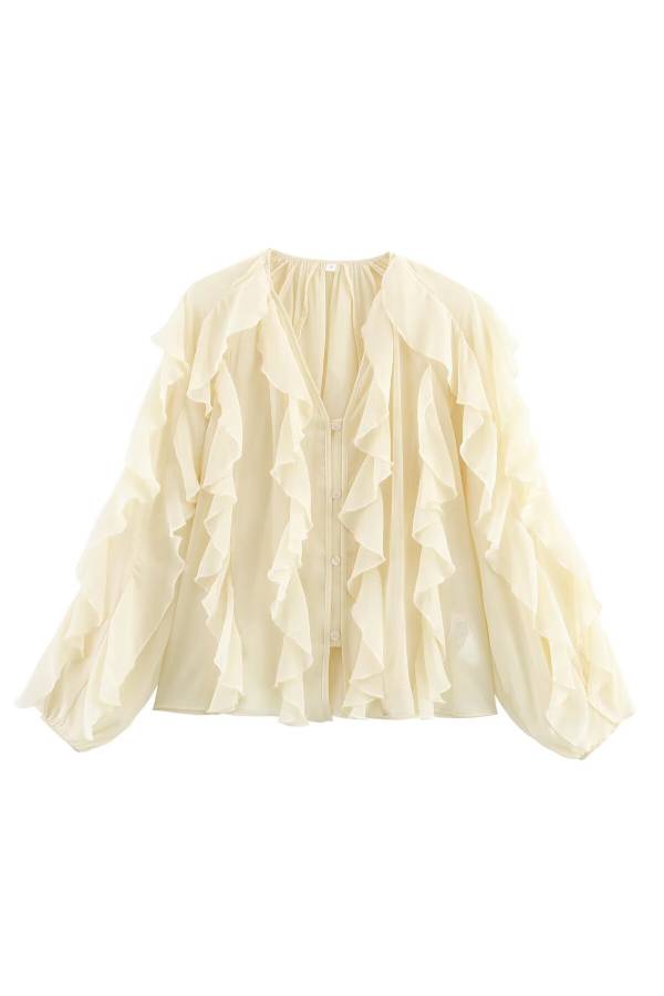 V-Neck Multi-Layer Ruffle Chiffon Lantern Sleeve Blouse