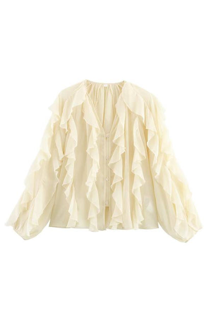 V-Neck Multi-Layer Ruffle Chiffon Lantern Sleeve Blouse