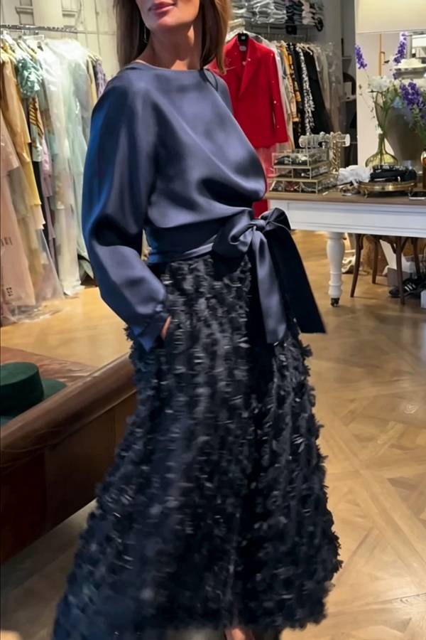 Elegant Diary Satin Boat Neck Long Sleeve Tie-up Waist Blouse