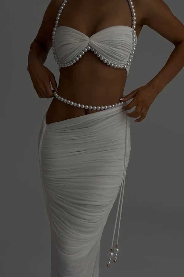 Imalia Stretch Mesh Pearl Trim Gathered Tank and Detachable Belt Vacation Maxi Skirt Set