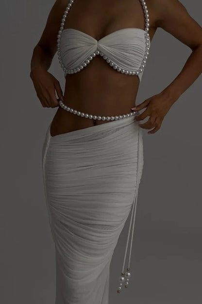 Imalia Stretch Mesh Pearl Trim Gathered Tank and Detachable Belt Vacation Maxi Skirt Set