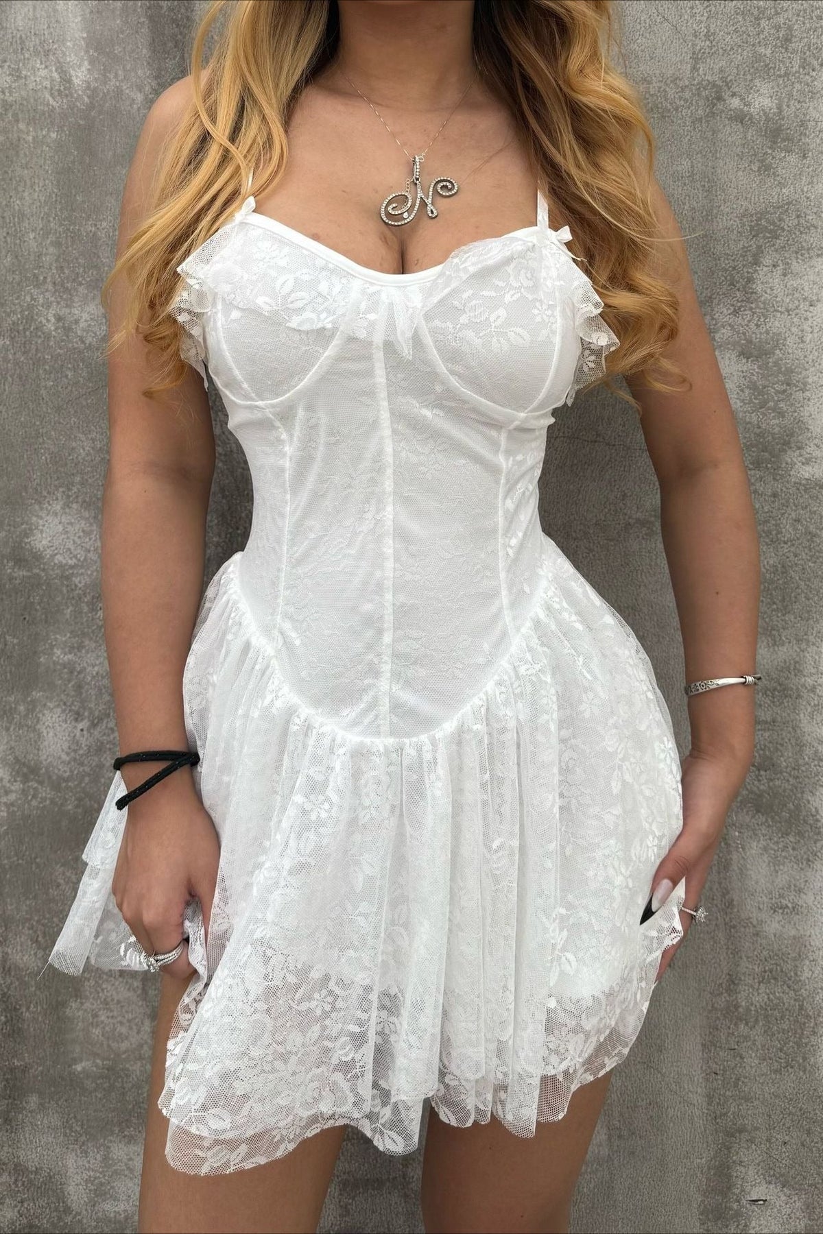 Solid V Neck Ruffled Lace Dress