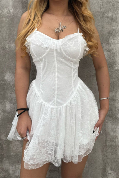 Floral Jacquard Corset Sweetheart Ruffle Neck Fit and Flare Mini Dress