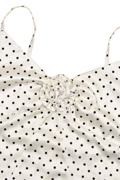 Polka Dot Spaghetti Strap Floral Rosette Slip Maxi Dress