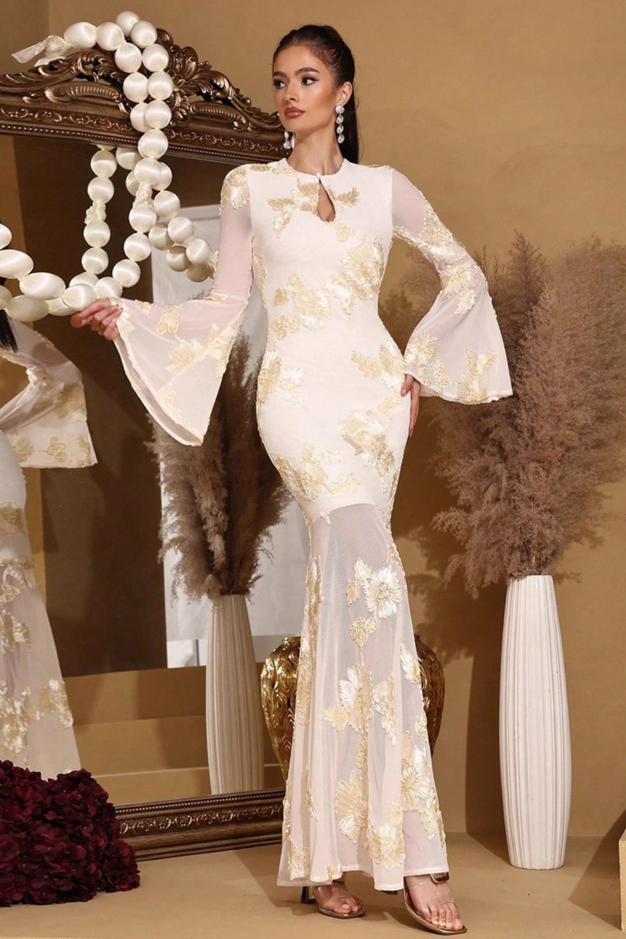 Elegant Embroidered Mesh Trumpet Sleeve Prom Dress