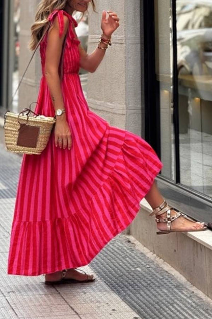 Dopamine Pink Stripe Tie Strap Smocked Maxi Vacation Dress