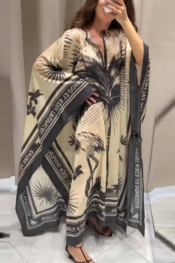 Satin Print Batwing Sleeve Loose Kaftan Maxi Cover Up Dress