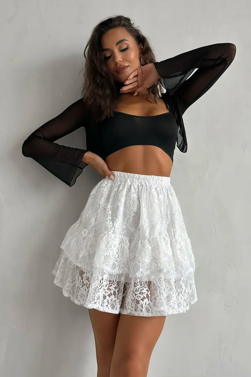 Sheer Lace Jacquard Tiered Mini Skirt