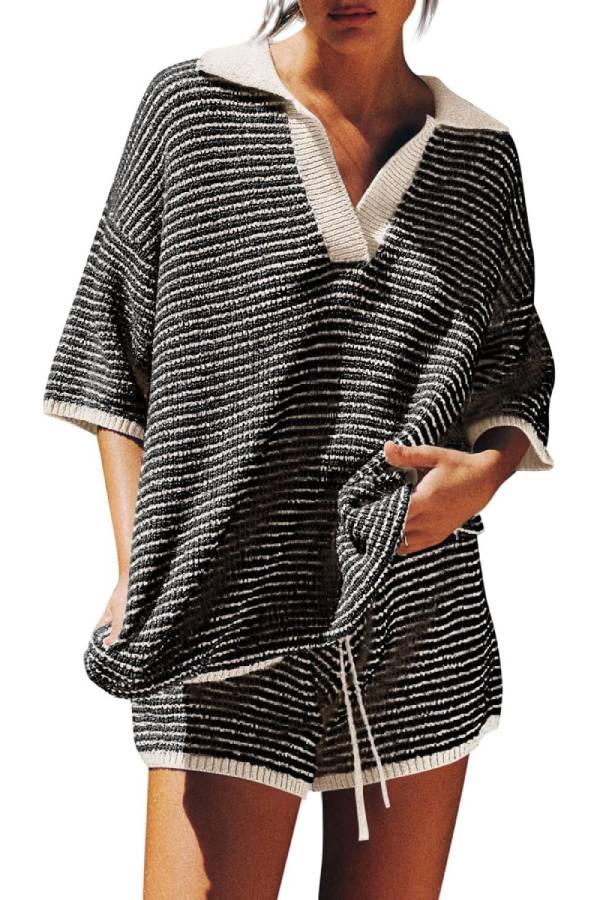 Striped Polo Neck Knit Set