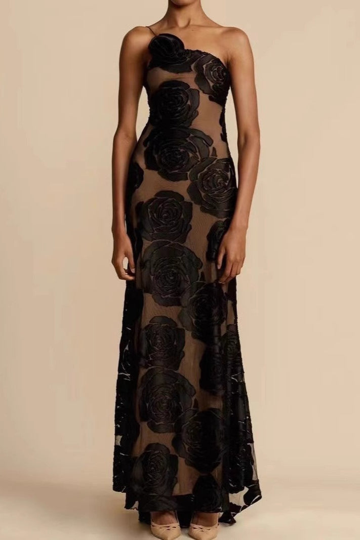 Burnout Spaghetti Strap Asymmetric Floral Formal Dress