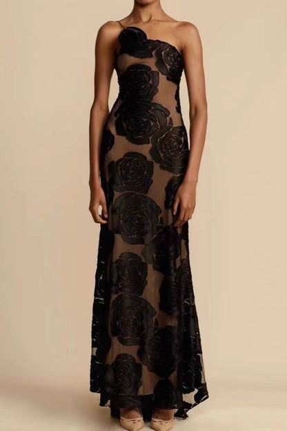 Burnout Spaghetti Strap Asymmetric Floral Formal Dress