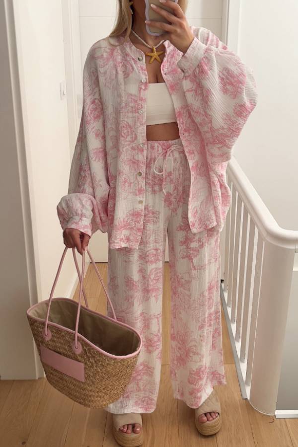 Ink Landscape Print Crinkle Shirt & Wide-Leg Pant Set