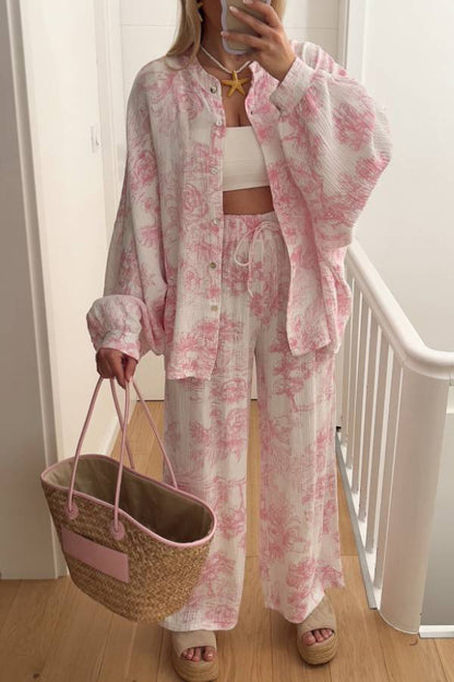 Ink Landscape Print Crinkle Shirt & Wide-Leg Pant Set