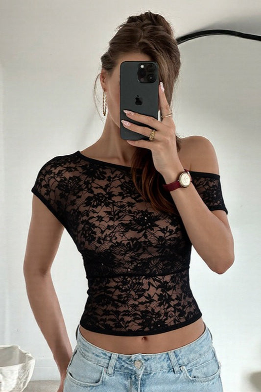 Lace Sheer Asymmetrical Neck Slim Fit Short Sleeve Tee