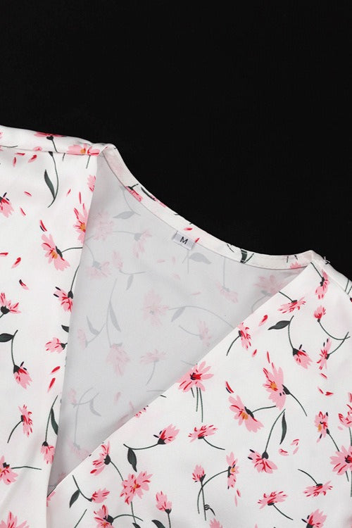 V Neck Tie Waist Short Sleeve Shirt Floral Dress