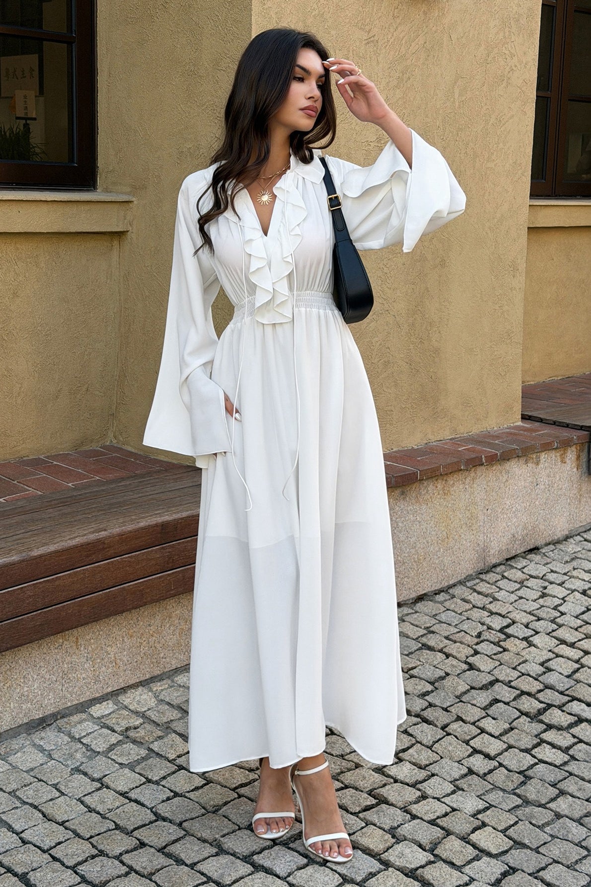 High Waist V Neck Long Sleeve Elegant Maxi Dress