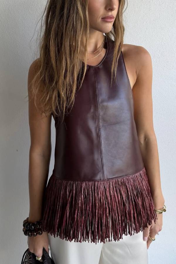 Multi-Color PU Leather Backless Tassel Sleeveless Top
