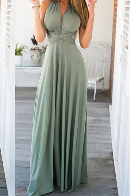 Convertible Wrap Strap Halter Waist Band High Slit Swing Maxi Dress
