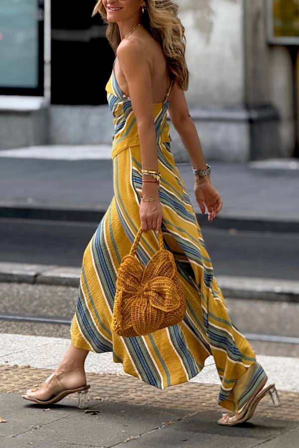 One Shoulder Twist Color Stripe Textured Midi Dress Back Slit Vacation Cover Up